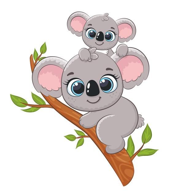 two koalas are sitting on a branch with leaves and one is looking at the camera