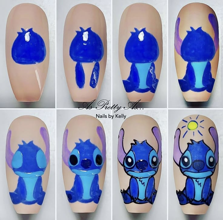 Stitch Nails, Nail Art Dessin, Cartoon Nail Designs, Animal Nail Designs, Sunflower Nail Art, Lily Nails, Disney Acrylic Nails, Kids Nail Designs, Art Deco Nails