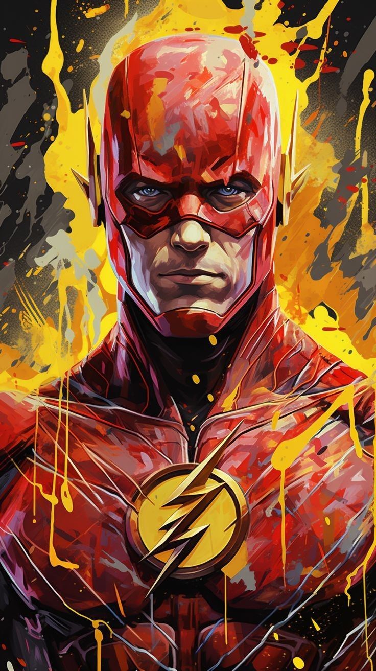 the flash is shown with yellow paint splattered on it's face and chest