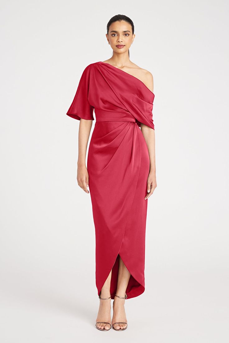 Rayna One Shoulder Draped Gown – THEIA Draped Gown, High Low Gown, Faux Wrap Skirt, Drape Gowns, One Shoulder Gown, Asymmetric Neckline, Asymmetrical Neckline, Tea Length, Wrap Skirt