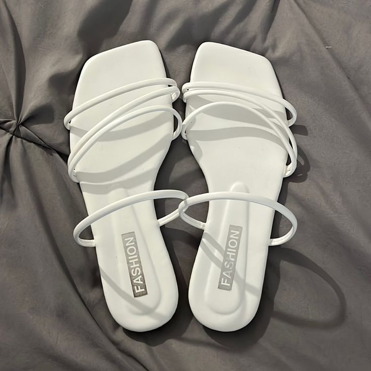 These Sandals Are In Perfect Condition They Have Never Been Worn Before! (I Accidentally Ordered Myself The Wrong Size) -Smoke Free Home Sendal Aesthetic, Foot Wear For Women, Obx Wardrobe, Sandal Aesthetic, Aesthetic Sandals, Tropical Goth, White Sandals Flat, Sandals Aesthetic, White Flat Sandals