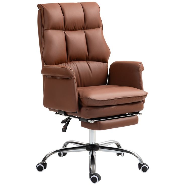 a brown office chair sitting on top of a metal base