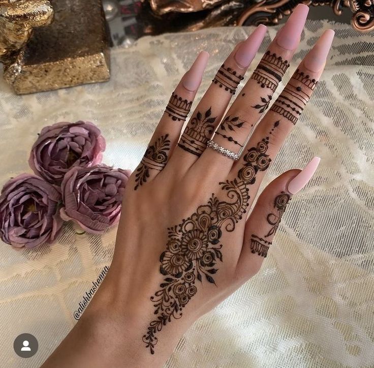 a woman's hand with henna tattoos on it and flowers in the background