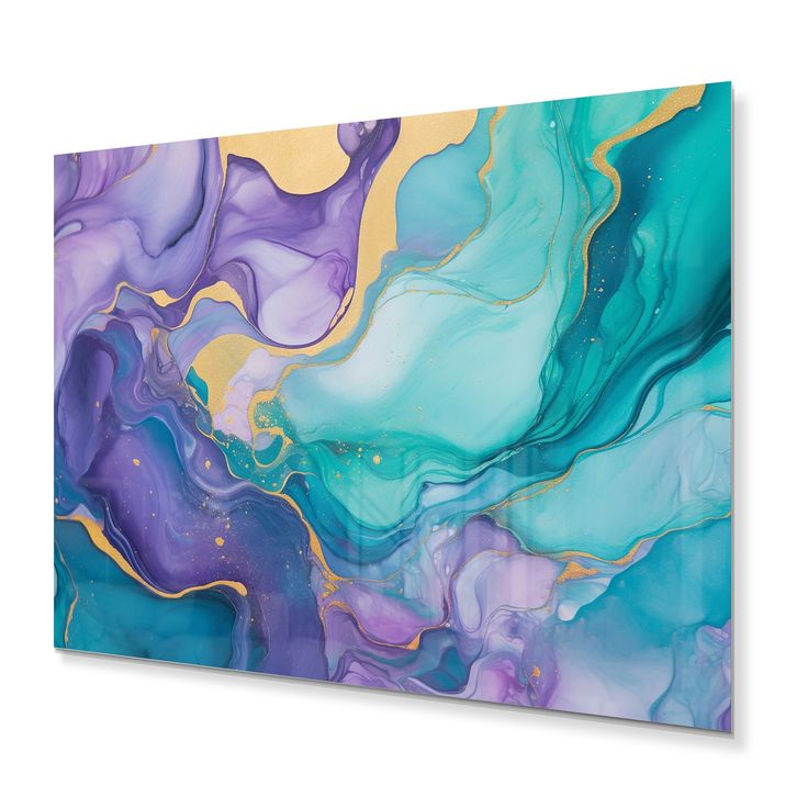 an abstract painting with blue, yellow and purple colors on it's canvas wall