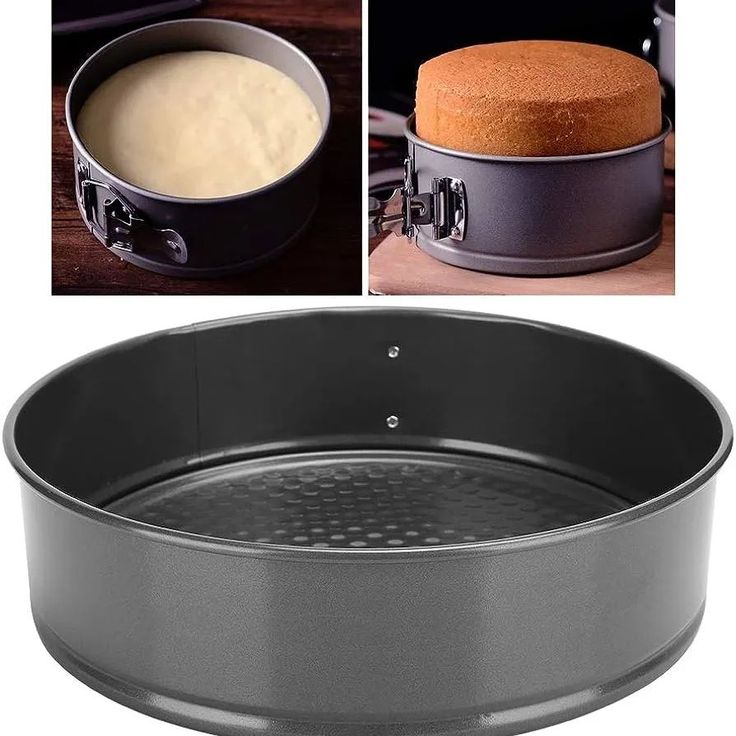 a cake pan with a cake in it next to another photo and an image of the inside