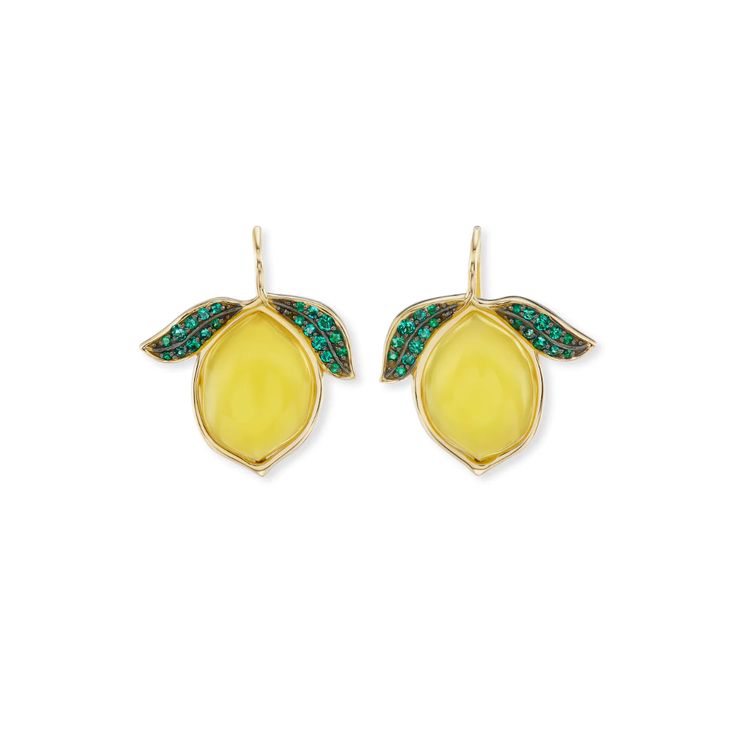 By Brent Neale 18K Yellow Gold Yellow Opal Emeralds Sold as a Pair Made to order. Please allow 3-4 months for production and shipment Brent Neale, Lemon Earrings, Signature Bracelet, Precious Rings, Yellow Opal, Family Jewels, Carved Stone, Pillow Collection, Color Tone