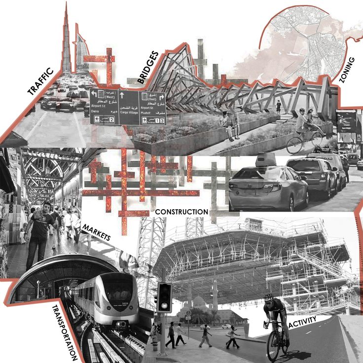 a collage of different images including trains, buildings and people