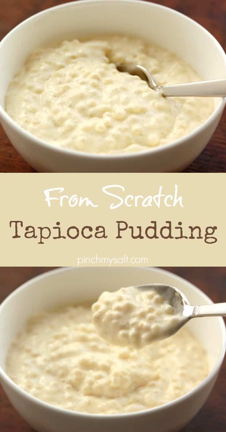 a bowl of porridge pudding with a spoon in it and the words, from scratch to tapioca pudding