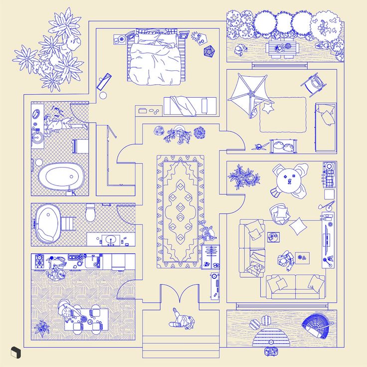 a blueprint drawing of a living room and dining area in a house with furniture