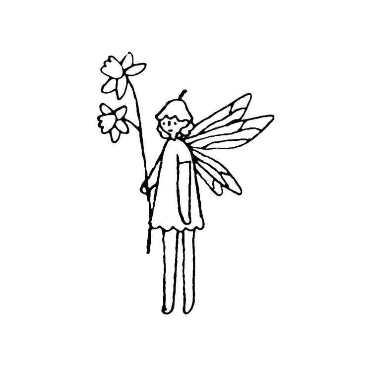 a black and white drawing of a fairy holding flowers