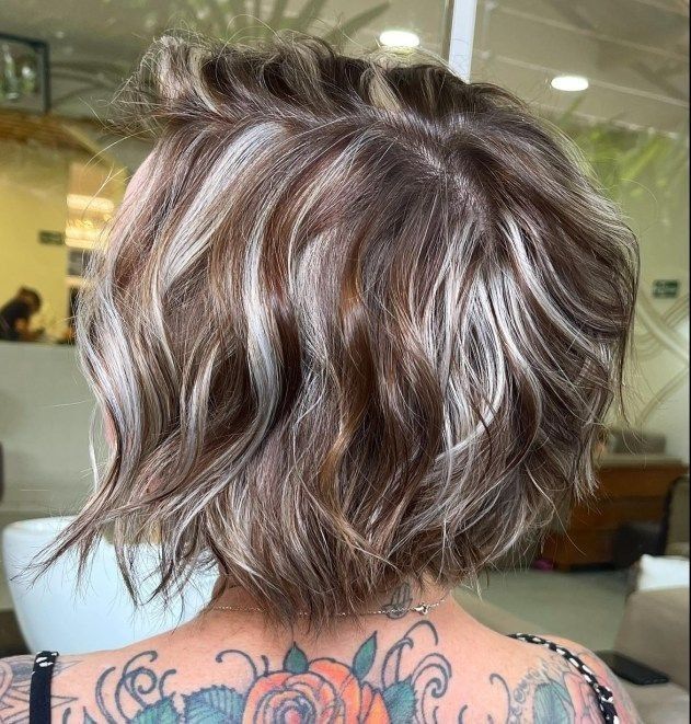 Brown And Grey Hair Highlights, Short Hairstyle Women Caramel Highlights, Grey Highlights On Dark Blonde Hair, Short Hair Platinum Highlights, Gray Hilights On Brown Hair, Salt And Pepper Lowlights, Short Gray Highlighted Hair, Short Fall Colored Hair, Lowlights For Grey Hair Going Gray