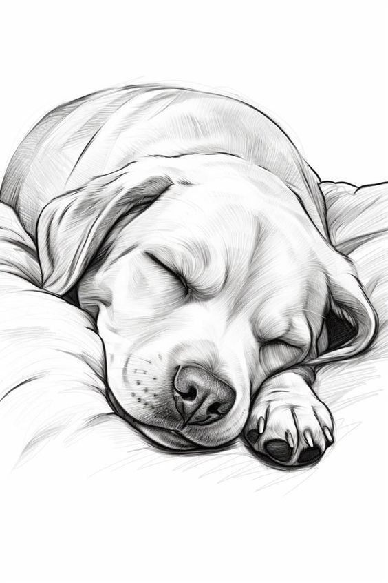 a black and white drawing of a sleeping dog