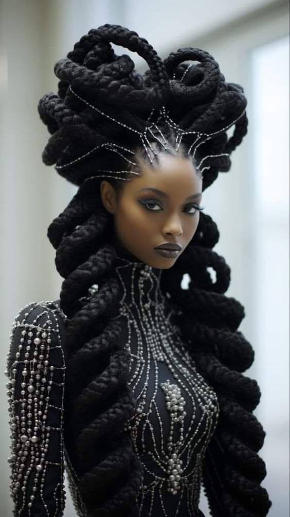 Cool Braided Hair, Black Hairstyle Reference, Futuristic Black Hairstyles, Royal Black Hairstyles, Black Woman Reference Photo, Royal Black Aesthetic, Fantasy Black Hairstyles, Afrofuturism Art Black Women, Natural Hair Drawings