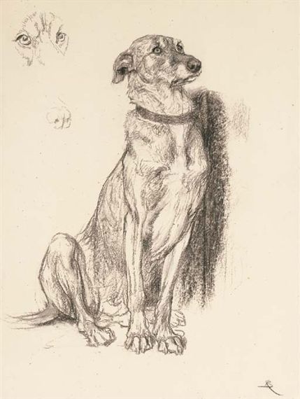 a drawing of a dog sitting in front of a wall and looking up at something