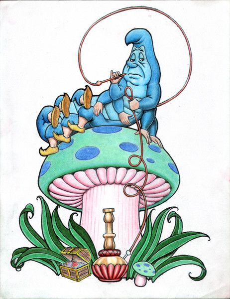 a drawing of an elephant riding on top of a mushroom