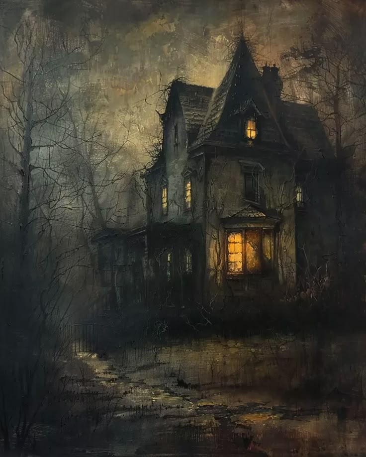 a painting of a creepy house in the woods