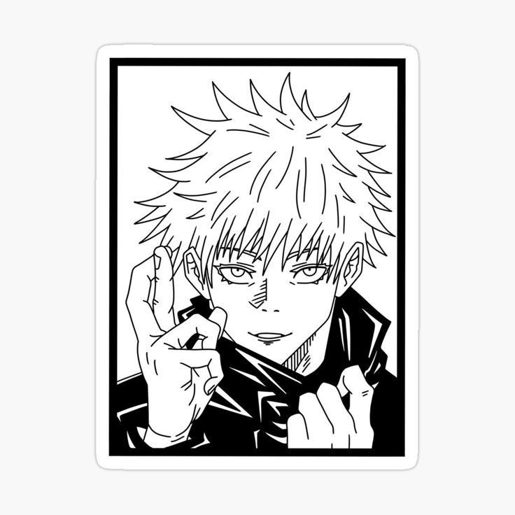 a black and white drawing of an anime character holding his finger up to the side