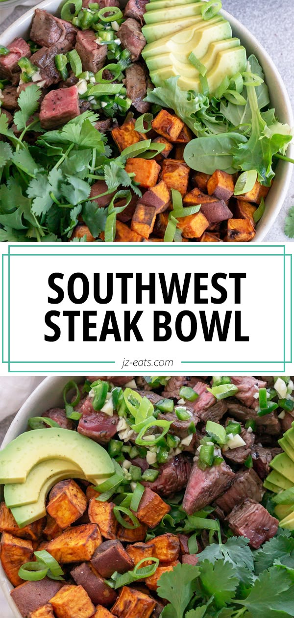 a bowl filled with steak, lettuce and avocado next to the words southwest steak bowl