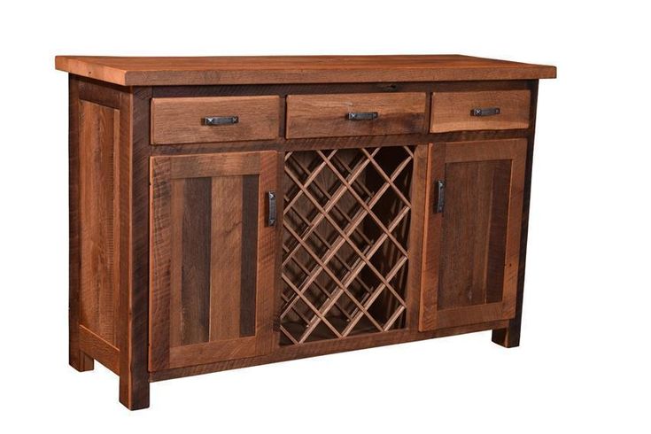 a wooden cabinet with wine racks and drawers