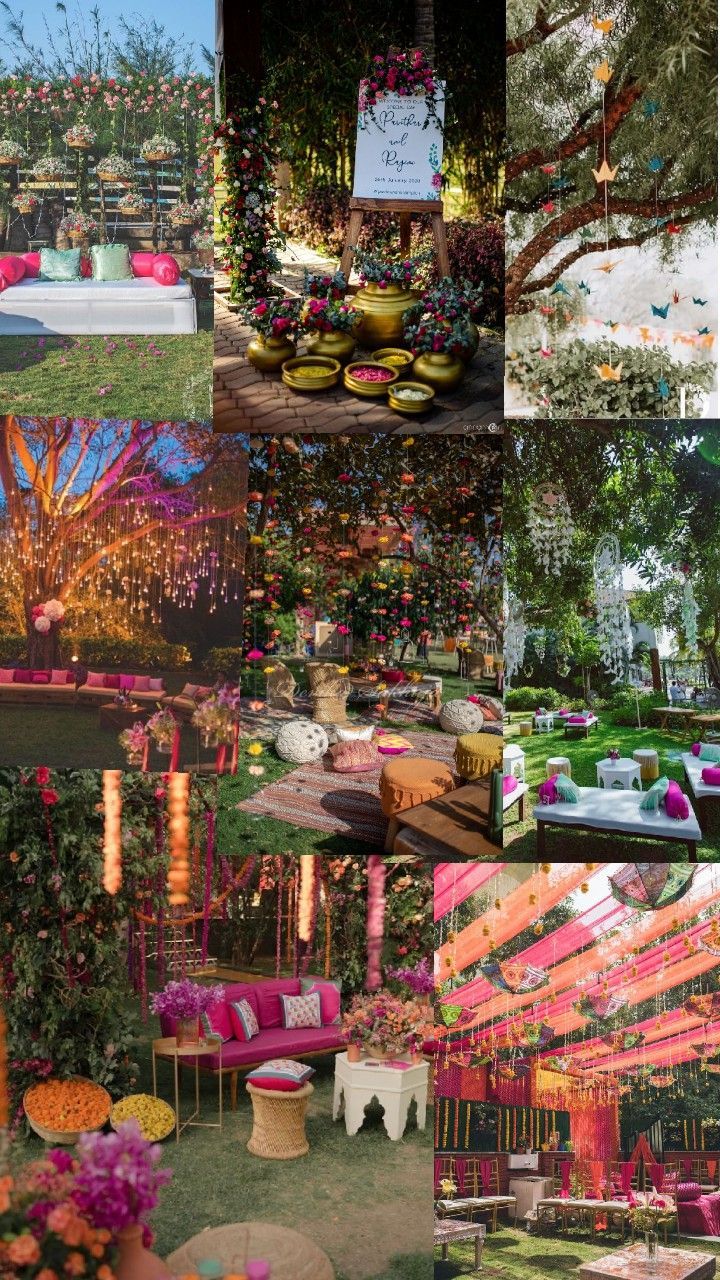 a collage of photos with different types of decorations and flowers on display in the background