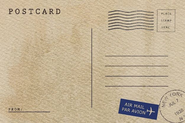 an old postcard with air mail written on the front and blue inked stamp