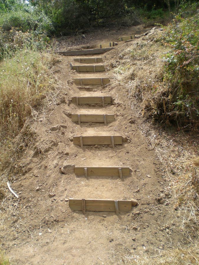 a set of steps made out of sand in the middle of a dirt path near trees