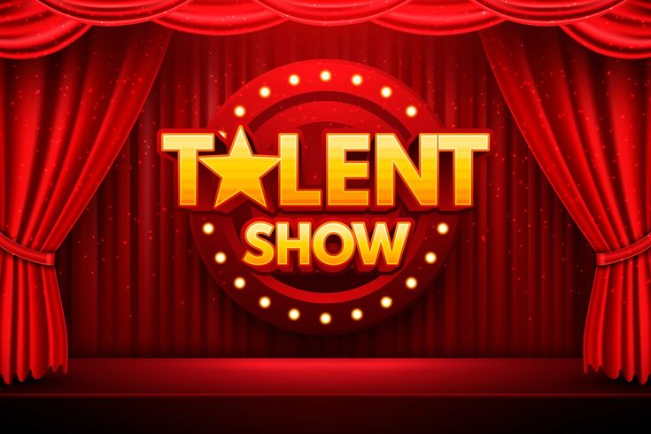 the talent show logo on stage with red curtains