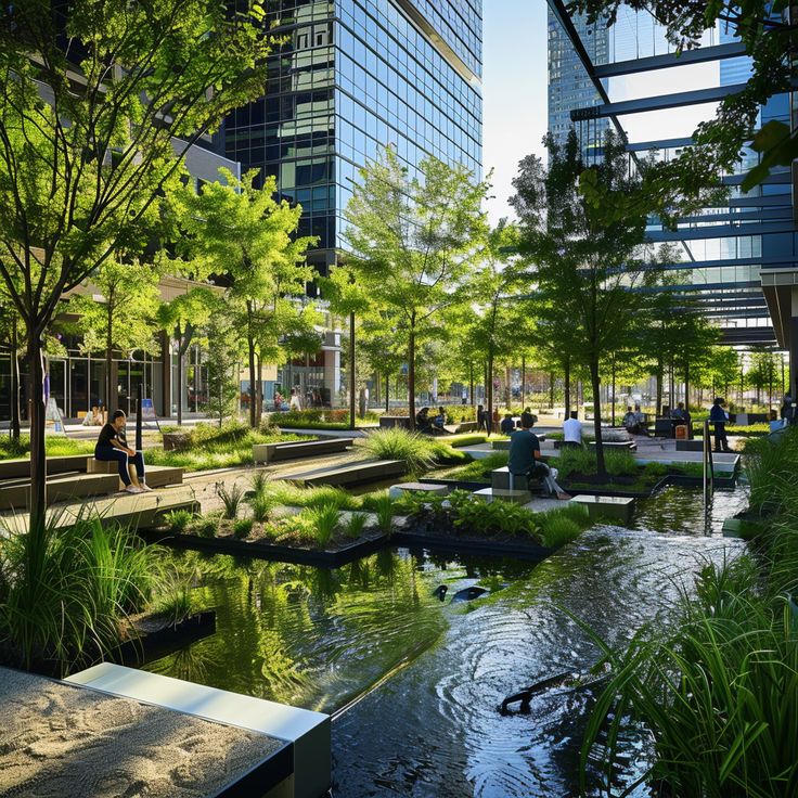 people are sitting on benches near a pond in the middle of a city park with tall buildings