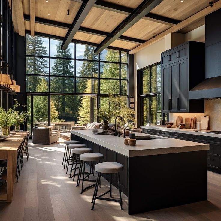 an open kitchen with lots of counter space and stools in front of the island