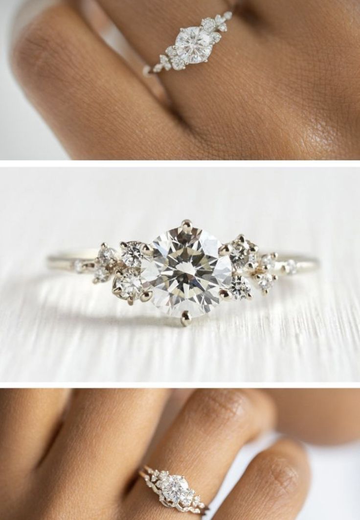 three different views of an engagement ring