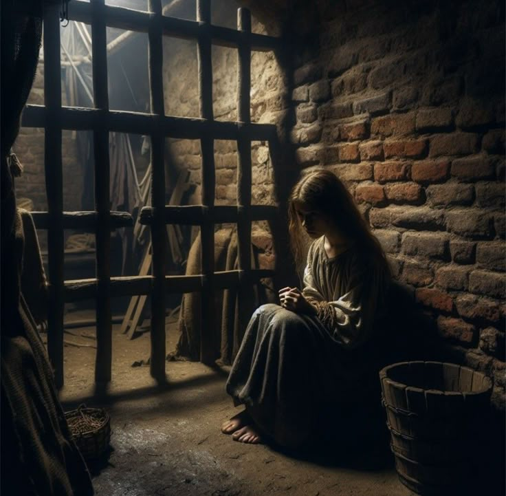 a woman sitting on the floor next to a brick wall