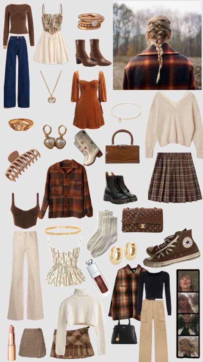 a collage of clothes and accessories including shoes, sweaters, boots, purse