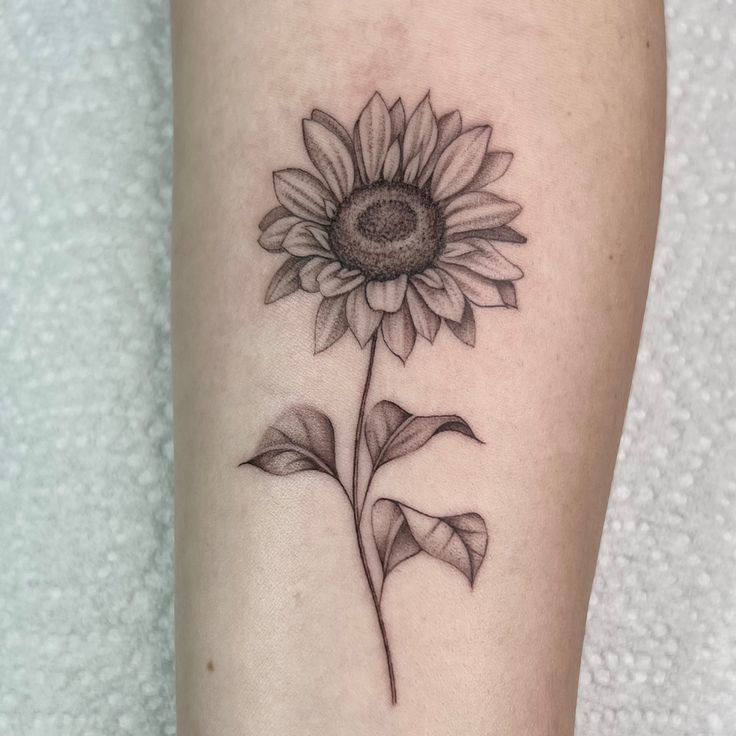 a black and white photo of a sunflower tattoo on the left leg with leaves