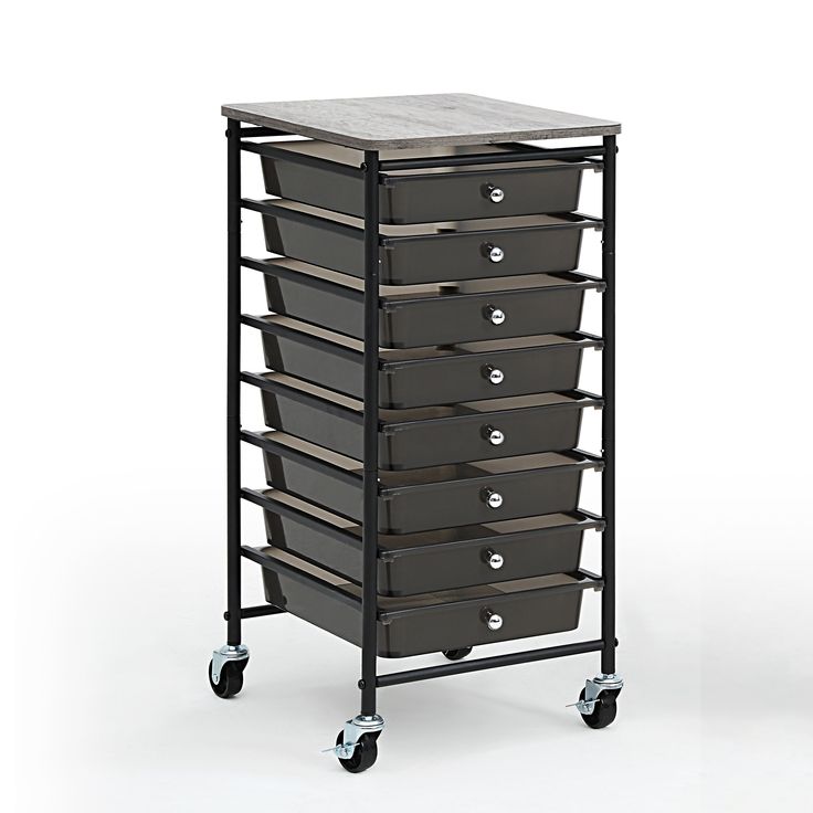 a black cart with six drawers and four wheels on each side is shown in front of a white background