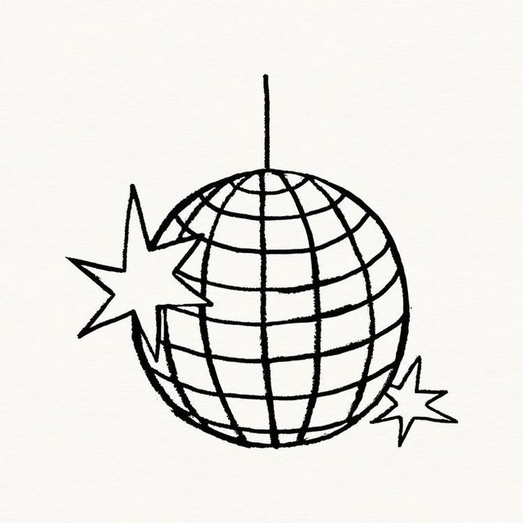 a black and white drawing of a globe with stars