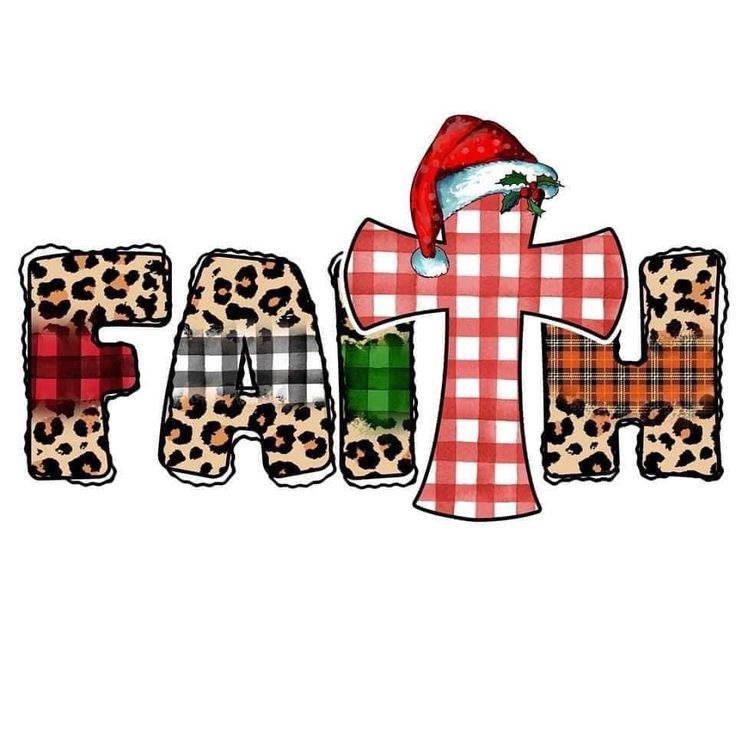 the word faith with a santa hat on top of it and leopard print letters below