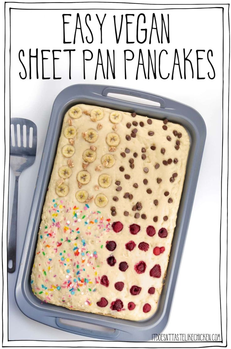 an easy vegan sheet pan pancakes with fruit and sprinkles on top