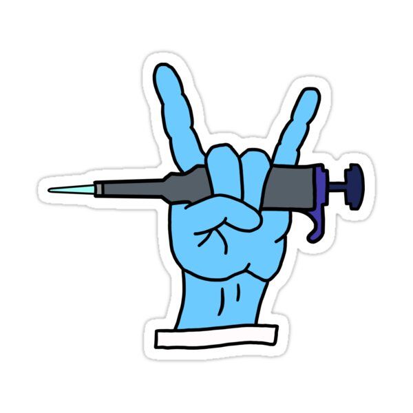 a blue hand with an electric drill sticking out of it's middle finger sticker