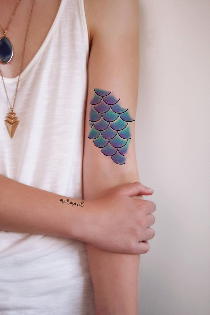 a woman's arm with a tattoo on it that has fish scales on it