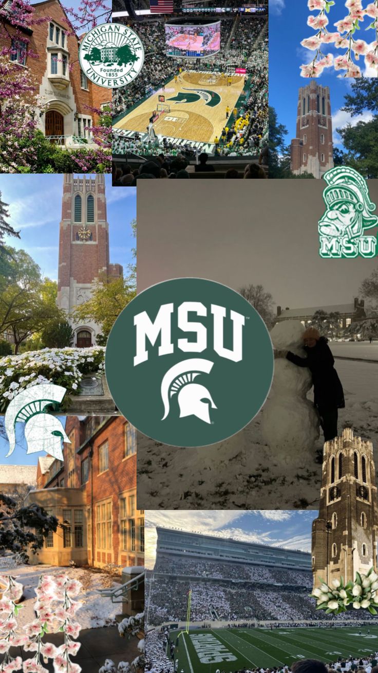 the collage shows many different sports teams and their stadium colors, including michigan state's basketball team