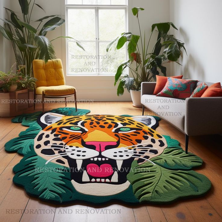 a living room with a large rug that has a tiger face on it and green plants in the corner