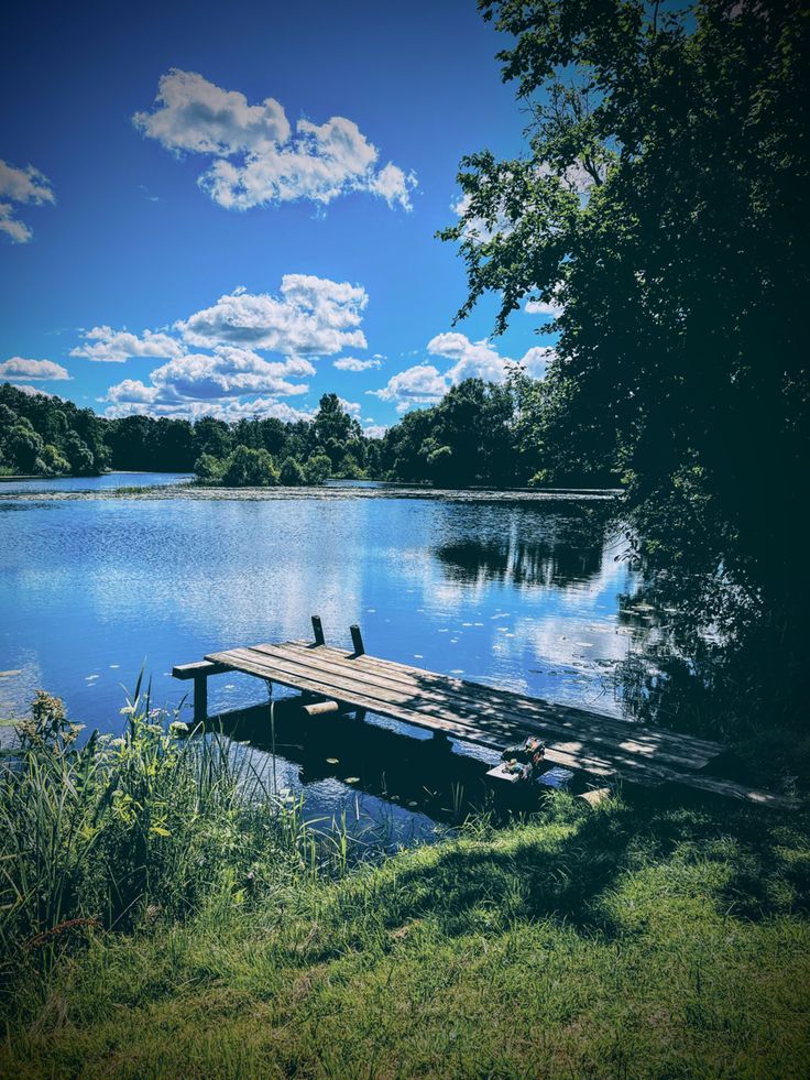 a wooden dock sitting in the middle of a lake