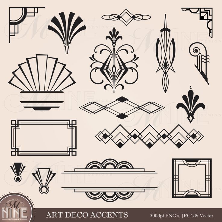 art deco design elements in black and white on a beige background with the words art deco accents