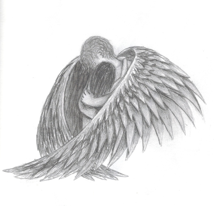 a pencil drawing of an angel with its wings spread out and his head in the air