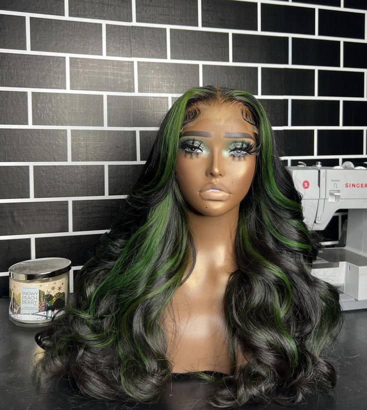 Ombré Green Hair, Sew In With Green Highlights, Unique Wigs, Diy Hair Wig, Butterfly Heels, Natural Braided Hairstyles, Frontal Wig Hairstyles, Wig Ideas, Creative Hair Color