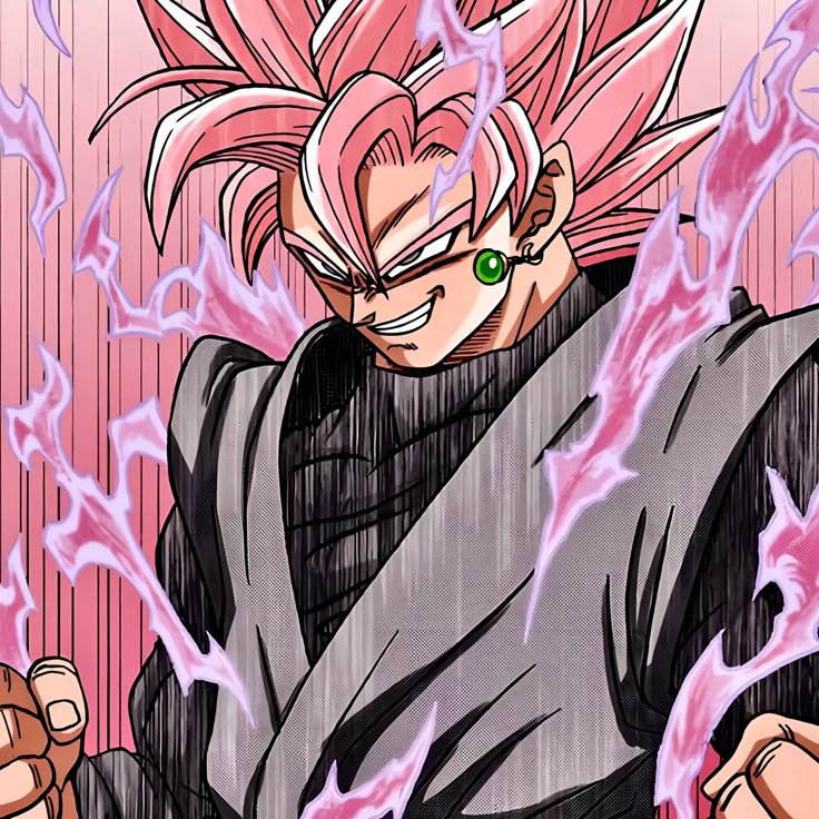 an anime character with pink hair and green eyes holding his fist up in the air