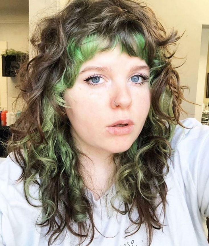 Naturally Curly Colored Hair, Shag With Blonde Underneath, Colourful Short Hair, Curly Coloured Hair, Curly Long Wolf Cut, Dyed Shag Hair, Alternative Curly Hairstyles, Curly Shullet, Green Hair Curly