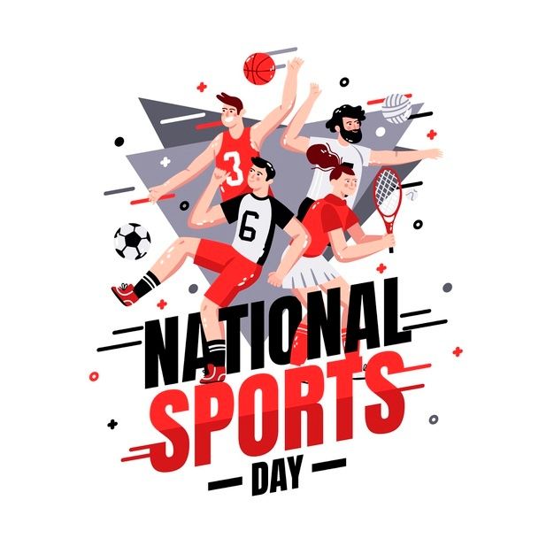 the national sports day poster with people playing basketball and other sporting items in red, white and black colors