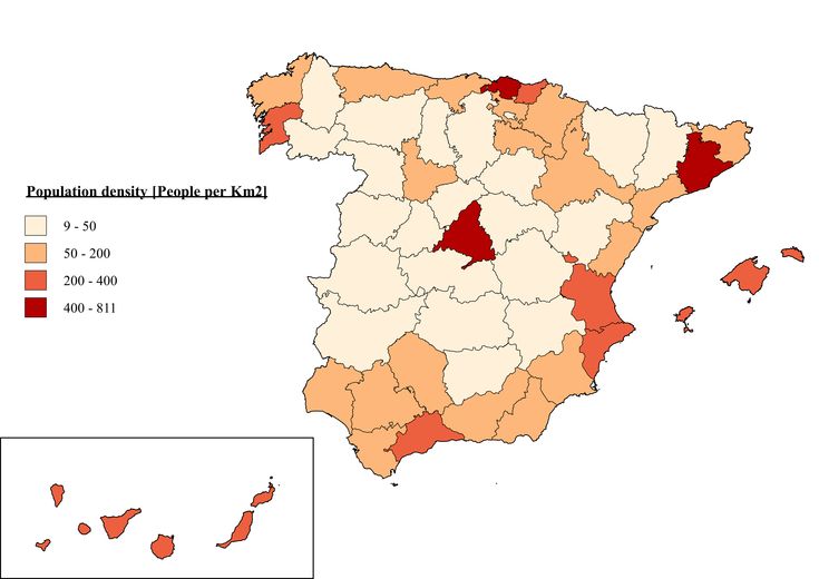 a map showing the percentage of population in spain