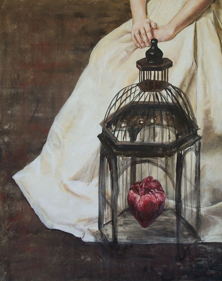 a painting of a woman sitting in front of a birdcage holding a heart